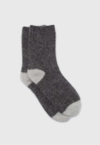 CHARCOAL AND IVORY FURRY COLOR BLOCK ANGORA SOCKS