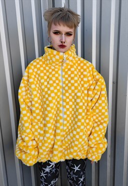 Reversible check fleece jacket handmade chess coat yellow