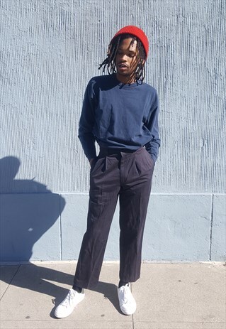 90S MINIMALIST HIGH WAISTED BLUE PLEATED CROPPED CHINOS