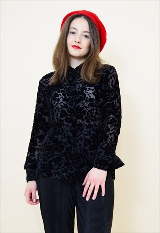 VINTAGE 90S BLACK VELVET FLOCK SHEER SHIRT