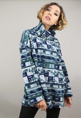 VINTAGE 90S OVERSIZED PATTERNED FLEECE POLO NECK GREEN
