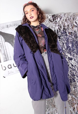 80S GRUNGE 90S PURPLE WINTER SKI JACKET BORG HOODED COAT