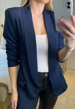 justyouroutfit Navy Ruched Sleeve Blazer 