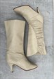 Light Cream Leather Ruched 80s Mid Heel Pull On Boots UK 3.5