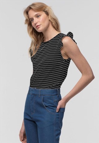 STRIPED FRILL SLEEVE TANK IN BLACK