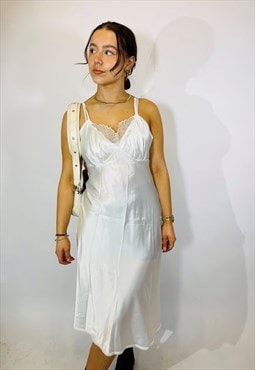 Vintage Size S Satin Midi Slip Dress in White
