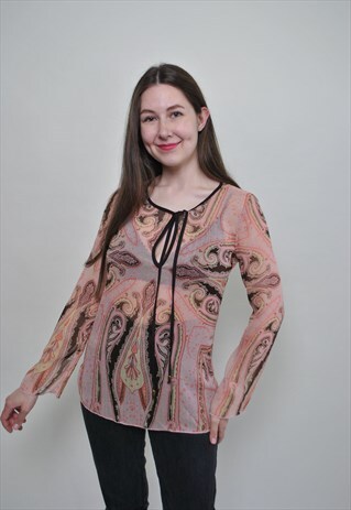 Y2K PAISLEY BLOUSE, 00S TIE COLLAR SHIRT, VINTAGE