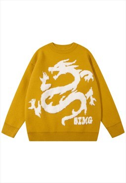 Dragon print sweater monster jumper Japanese pullover yellow