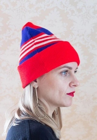 Bright red and blue striped knitted hat