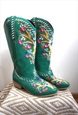 Vintage Green Genuine Leather Cowboy Western Boots Shoes