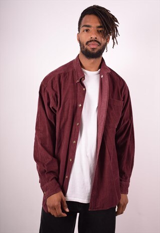 MENS VINTAGE CORDUROY SHIRT LARGE MAROON 90S