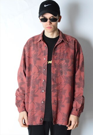 VINTAGE 90S FADED BURGUNDY LINEN BLEND LONG SLEEVE SHIRT