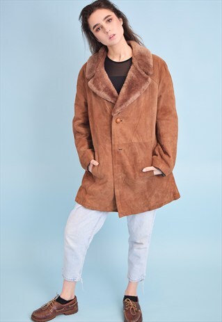 70'S RETRO REAL SUEDE & FAUX FUR DETAILING SHEARLING COAT