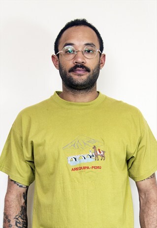 90S CLASSIC PERU LLAMA SOUVENIR GREEN TEE SHIRT MEDIUM
