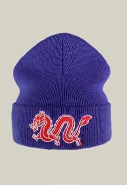 Dragon Embroidery Beanie Hat in Purple