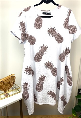 MULTI PINEAPPLE PRINT COTTON SHIFT DRESS