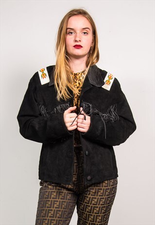 VINTAGE 70'S BLACK FAUX SUEDE TASSEL AZTEC PRINT JACKET