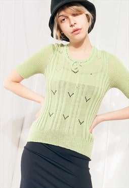 Vintage Knit Top 70s Openwork Baby Tee in Pastel Green