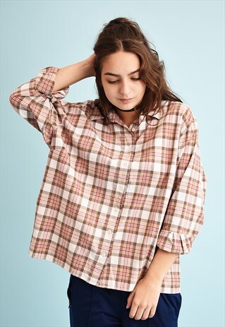90'S RETRO CHECKED PRINT COTTON OVERSIZED SHIRT TOP