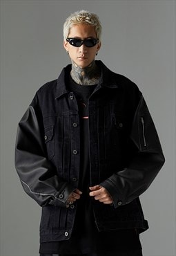 Faux leather sleeves denim jacket gorpcore bomber punk coat