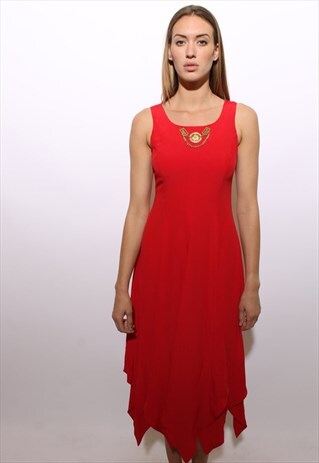 VINTAGE 1980'S 80'S ASYMMETRIC RED DRESS CHAIN MEDUSA XS-S