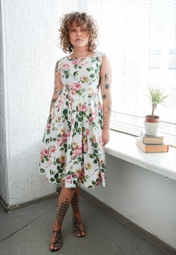 Vintage 60's White Rose Print Cotton Midi Dress