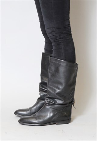 VINTAGE 1980'S BLACK FLAT BUCKLE LEATHER BOOTS