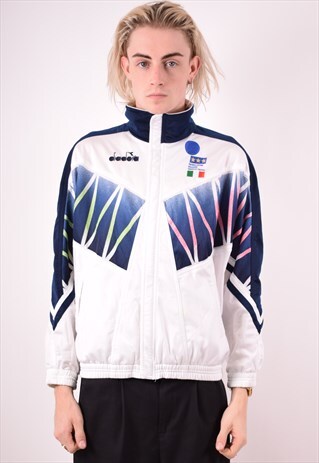 DIADORA MENS VINTAGE TRACKSUIT TOP JACKET MEDIUM WHITE 90S