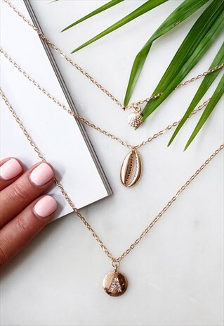 GOLD COIN 'A' PUKA SHELL DIAMANTE MULTI LAYER NECKLACE