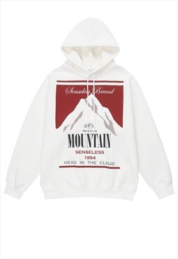 Mountain print hoodie retro pullover preppy jumper in white