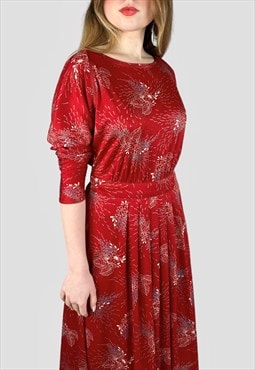 70's Vintage Red Floral Ladies Batwing Midi Dress