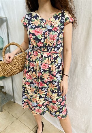 VINTAGE 80S IRIS & LILLIES FLORAL PARISIAN CHIC MIDI DRESS