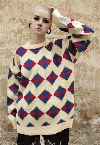 DIAMOND PATTERN SWEATER GEOMETRIC TOP KNIT JUMPER IN CREAM