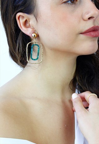 GOLD HOOP GREEN ACRYLIC DROP DANGLE EARRINGS