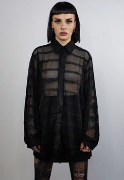 Baggy mesh shirt long sleeve transparent blouse see-through 