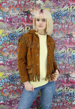 VINTAGE 70S BROWN SUEDE TASSEL FRINGED JACKET. OVERSIZED