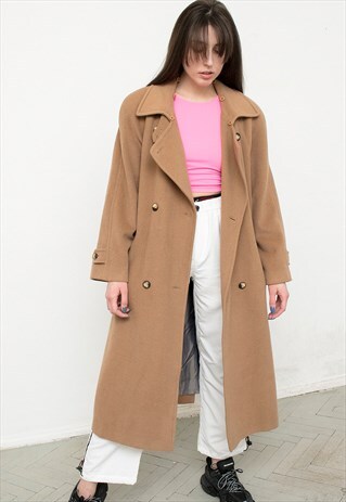 VINTAGE CAMEL WOOL MAXI COAT DOUBLE BREASTED OVERSIZED