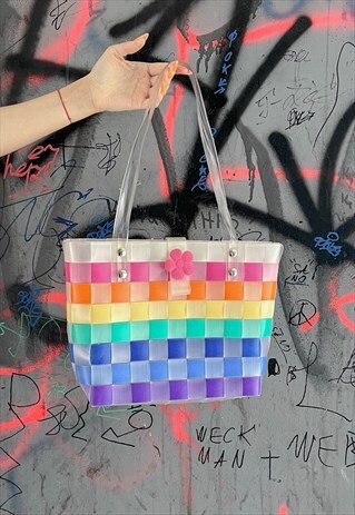 VINTAGE 70S BOHO CRAZY RAINBOW PLASTIC TOTE SHOULDER BAG