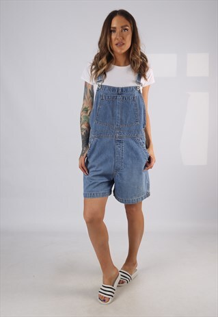 VINTAGE DENIM DUNGAREE SHORTS GAP UK 14 LARGE (DAL)