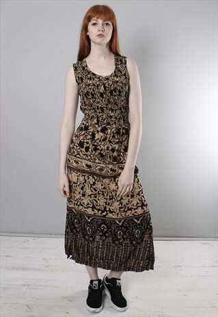 VINTAGE 90S BEIGE PATTERNED LONG TIE BACK FESTIVAL DRESS