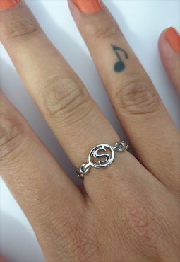 S Initial Ring in Silver w Chain Detail - Adjustable