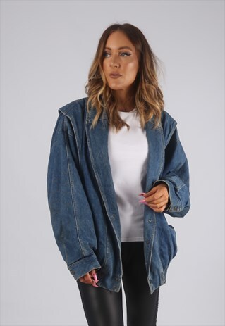 VINTAGE DENIM BOMBER JACKET CHECKED LINED OVERSIZED (7BC)