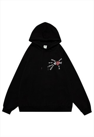 Heart hoodie retro love print pullover grunge top in black