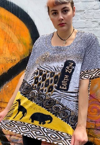 VINTAGE 80S T-SHIRT IN GREY BEIGE YELLOW WITH ANIMAL PRINT