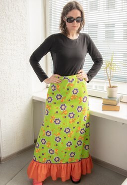 Vintage 70's Green Flower Print Bohemian Maxi Skirt