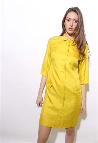 VINTAGE 1960'S 60'S BRIGHT YELLOW SILK MOD SHIRT DRESS M-L