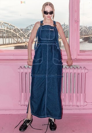 90'S VINTAGE DENIM DUNGAREE DRESS WITH DETACHABLE SKIRT