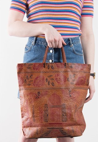VINTAGE 70'S TAN LEATHER EMBOSSED TOTE BAG