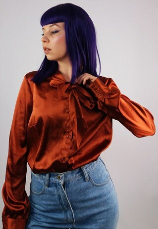 VINTAGE 80'S SILKY TIE COLLAR PUSSY-BOW BLOUSE