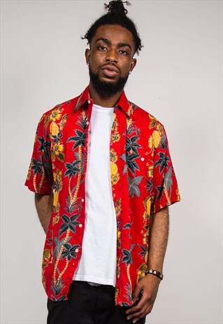 VINTAGE 90'S RED HAWAIIAN PALM PRINT SHORT SLEEVE SHIRT